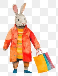 PNG  Happy rabbit wearing sweater carrying shopping bags art representation celebration. 