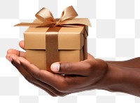 PNG Brown hand holding out gift box white background celebration. 