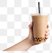 PNG  Hand holding bubble tea drink cup white background. 