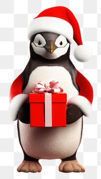 PNG Penguin holding Christmas gift. 