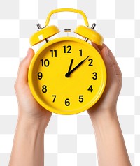 PNG  Yellow table clock holding hand white background. AI generated Image by rawpixel.