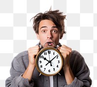 PNG  Tired student holding an alarm clock portrait photo white background. AI generated Image by rawpixel.