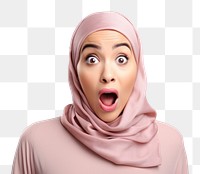 PNG Muslim woman surprised white background gesturing headscarf. AI generated Image by rawpixel.