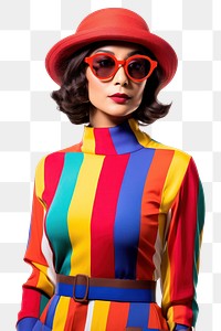 PNG  A woman wearing modern retro colourful fashion outfit white background sunglasses hairstyle. AI generated Image by rawpixel.