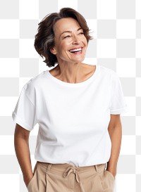 PNG  Senior brunette woman t-shirt laughing portrait. AI generated Image by rawpixel.