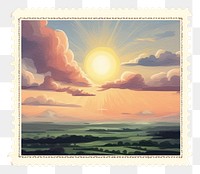 PNG Sunset sky vintage illustration nature art postage stamp. AI generated Image by rawpixel.