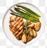 PNG  Grilled chicken asparagus plate vegetable. AI generated Image by rawpixel.