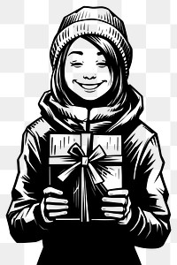 PNG Kid holding a gift box sweater drawing sketch. 