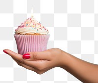 PNG Hand holding cupcake candle birthday dessert. AI generated Image by rawpixel.