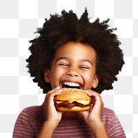 PNG Cute little african boy enjoy eating a hamburger have fun biting child food. 