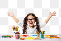 PNG Little girl sitting at a table with stationery and paint child joy paintbrush. 