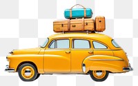 PNG Retro yellow car with luggage and beach colorful equipment on the roof vehicle white background transportation