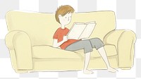 PNG Boy character reading book publication furniture armchair. AI generated Image by rawpixel.