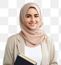 PNG  A smile student arab woman holding book scarf adult intelligence. 