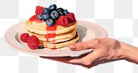 PNG Hand holding a plate of pancakes berry fruit plant. AI generated Image by rawpixel.
