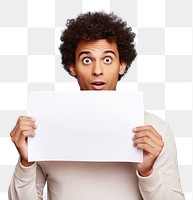 PNG Young man holding empty speech bubble paper surprised adult portrait. AI generated Image by rawpixel.