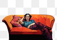 PNG Woman sitting on couch furniture painting adult. AI generated Image by rawpixel.