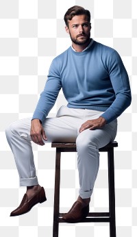 PNG  Blue trousers and sweater sitting fashion adult. AI generated Image by rawpixel.