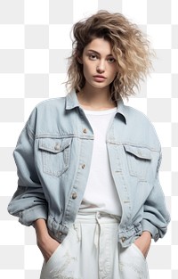PNG Woman in the outfit is wearing a jean jacket photography portrait fashion. AI generated Image by rawpixel.