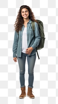 PNG Brazilian women backpack standing jacket. AI generated Image by rawpixel.