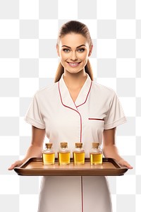 PNG  Professional masseuse in spa uniform holding tray with aroma oil massage bottle white background refreshment. AI generated Image by rawpixel.