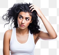 PNG Woman looking at her bad hair portrait adult photo. 