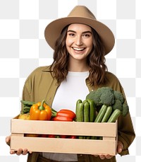 PNG  Happy girl wearing gardening adult food box. AI generated Image by rawpixel.