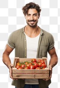 PNG  Male farmer holding tomato crate vegetable adult plant. AI generated Image by rawpixel.