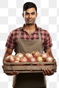 PNG  Male farmer holding onion crate vegetable adult food. AI generated Image by rawpixel.