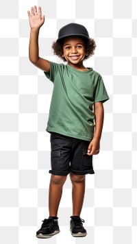 PNG  Black kid standing raising hand footwear portrait t-shirt. AI generated Image by rawpixel.