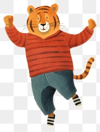PNG Tiger wearing pants jumping cartoon anthropomorphic representation. AI generated Image by rawpixel.