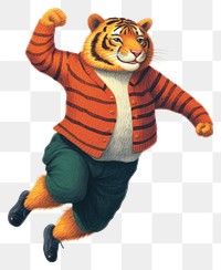 PNG Tiger wearing pants jumping animal mammal white background. AI generated Image by rawpixel.
