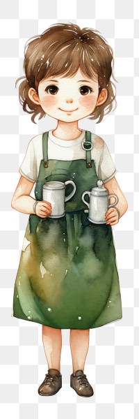 PNG Cute Coffee shop staff wearing green aprons cartoon white background happiness. 