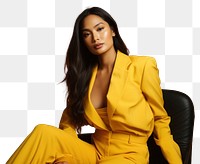 PNG Filipino woman portrait sitting yellow. AI generated Image by rawpixel.