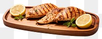 PNG A sliced Grilled chicken breast with spice rub and lemon on a cutting board grilled fruit food. AI generated Image by rawpixel.