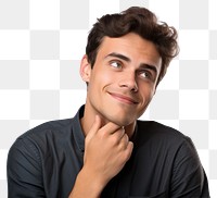 PNG A Portrait of young man thinking happily portrait smile adult. AI generated Image by rawpixel.