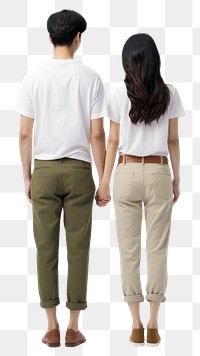 PNG A young Asian man and woman standing with their backs to camera pants adult khaki. 