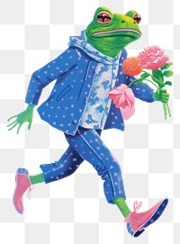 PNG A cartoon Frog holding a bunch of flowers frog amphibian painting