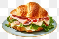 PNG  French croissant sandwich ham lettuce table. AI generated Image by rawpixel.