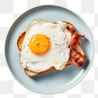 PNG  Toast with fried egg and bacon on top table food meat. AI generated Image by rawpixel.