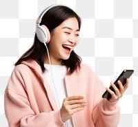 PNG Asian teenage girl streaming online music on mobile phone headphones laughing headset. 