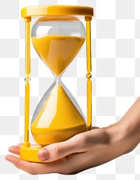 PNG Yellow table clock holding hand white background. AI generated Image by rawpixel.