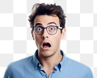 PNG  Blue shirt is acting frightened closed up glasses adult man. AI generated Image by rawpixel.