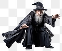 PNG  Grey-haired bearded wizard in a gray cassock and a cap is practicing sorcery adult white background portrait. 