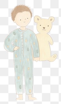 PNG Boy in pajamas character holding teddy bear drawing sketch mammal. 