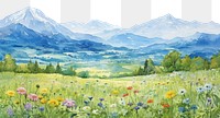 illustration watercolor of *scenery mountain meadow*, aesthetic, beautiful, sunny --ar 3:2