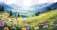illustration watercolor of *scenery mountain meadow*, aesthetic, beautiful, sunny --ar 3:2