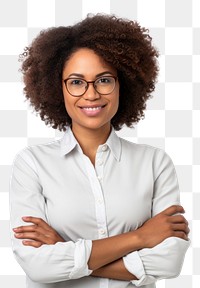 PNG  A smiling woman african stands with her arms crossed portrait glasses blouse. AI generated Image by rawpixel.