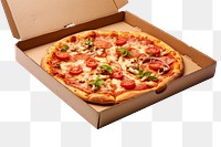 PNG  Open brown carton pizza box food dish white background. AI generated Image by rawpixel.