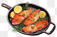 PNG  Grill pan with salmon fish steaks seafood fruit vegetable. AI generated Image by rawpixel.